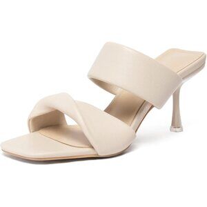 Zelaprox Women's White Faux Leather Two Straps Square Open Toe Kitten Heel Shoes